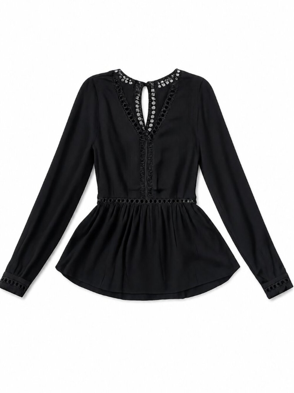 Black Lace Peplum Blouse Sheer Long Sleeve V Neck Elegant Top Size S - Picture 4 of 8
